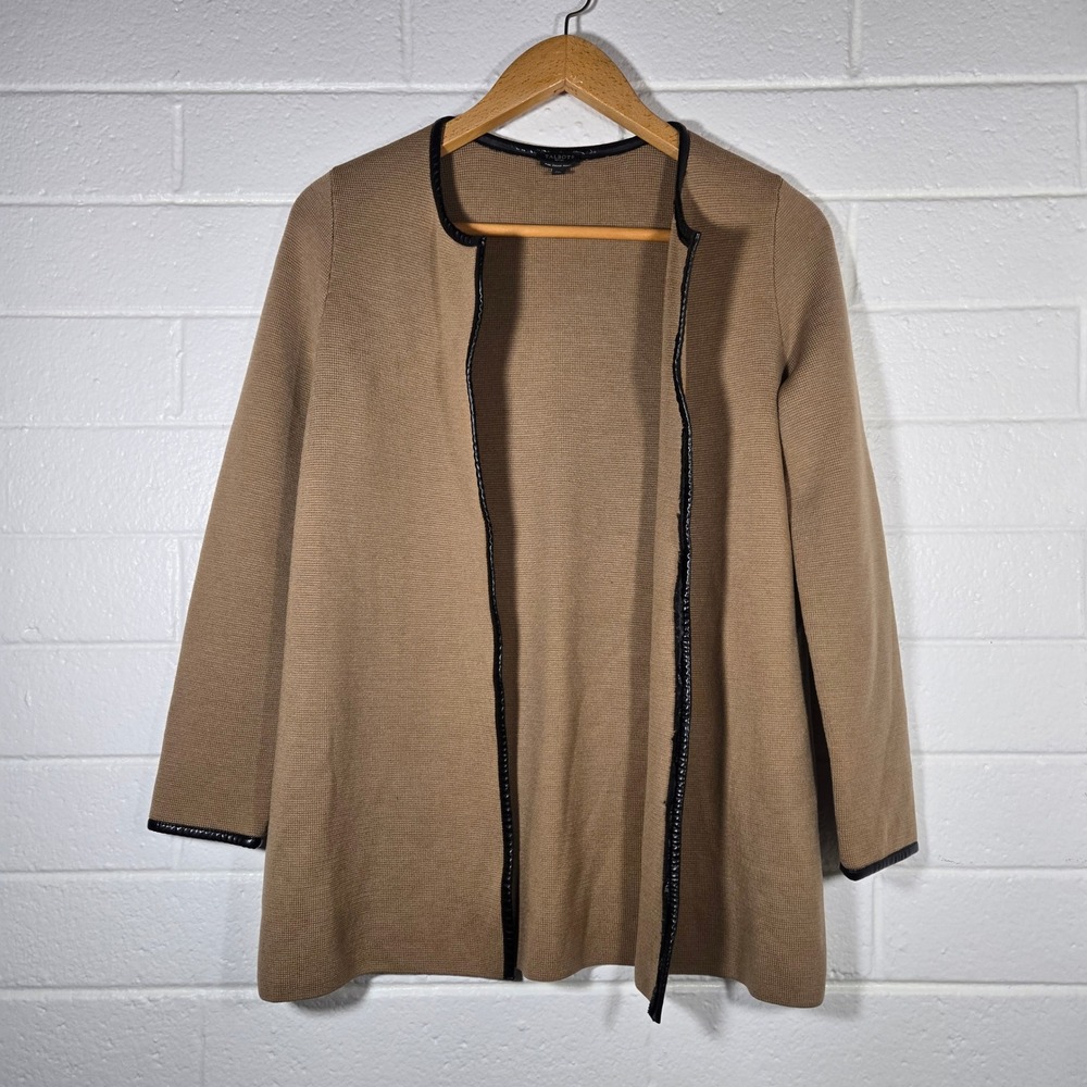 Talbots Merino‎ Wool Faux Leather Trim Open Cardigan Medium Petite Minimalist